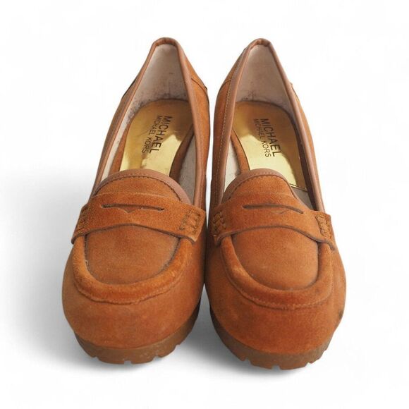 Michael Kors Rory Suede Wedge Penny Loafers Walnut Brown PW14E Women's 7M - Picture 3 of 12